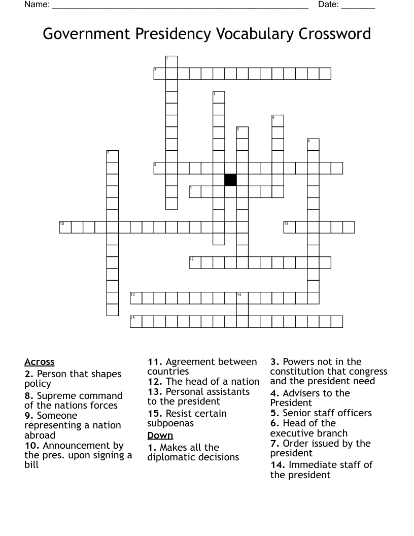Government Presidency Vocabulary Crossword