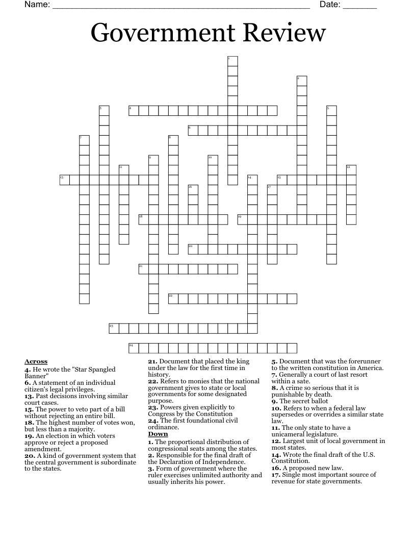 Government Review Crossword