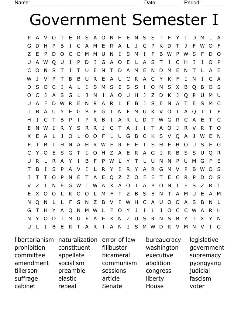 Government Semester I Word Search