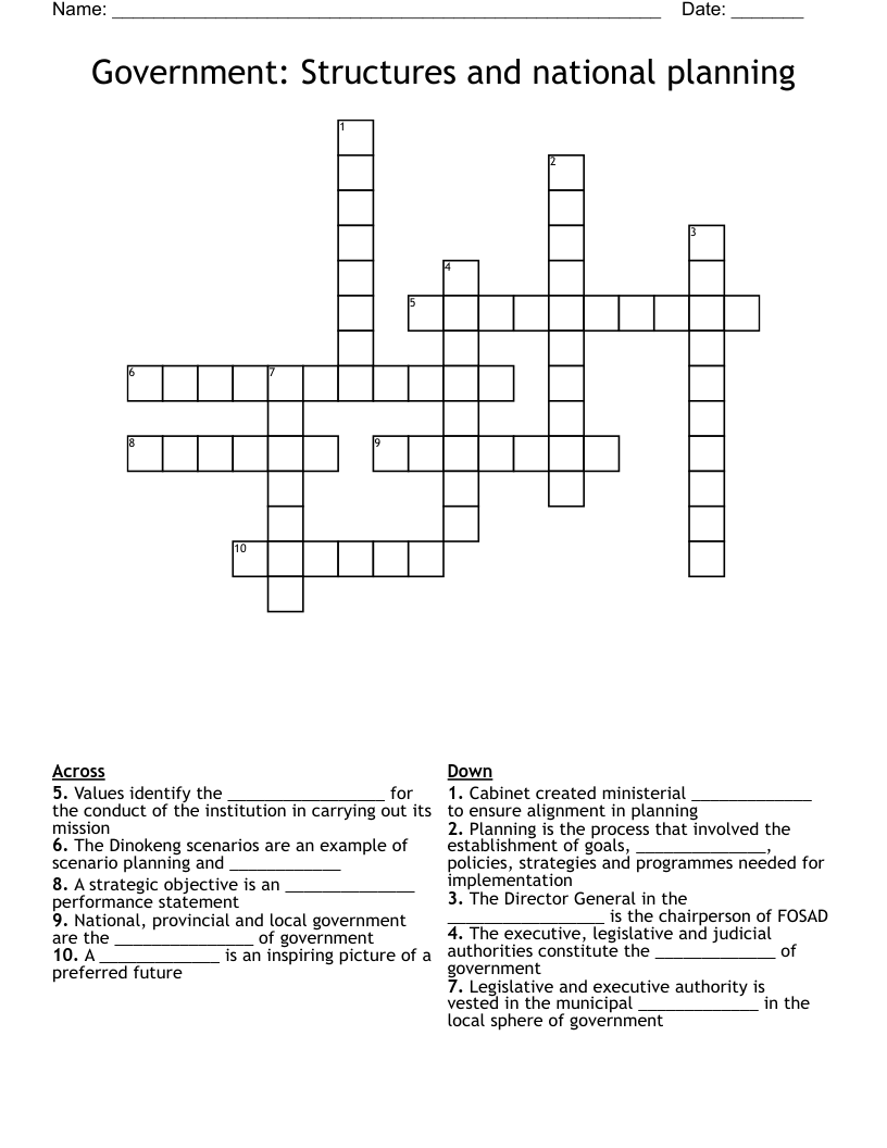 Government: Structures and national planning Crossword