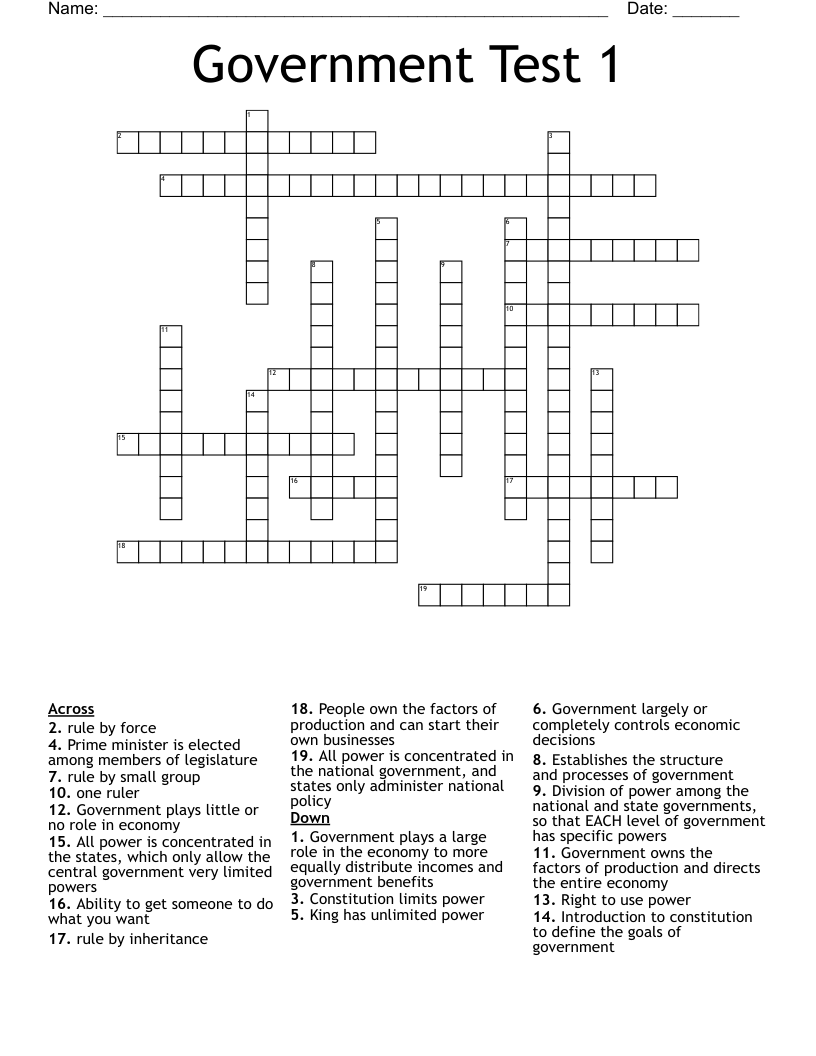Government Test 1 Crossword