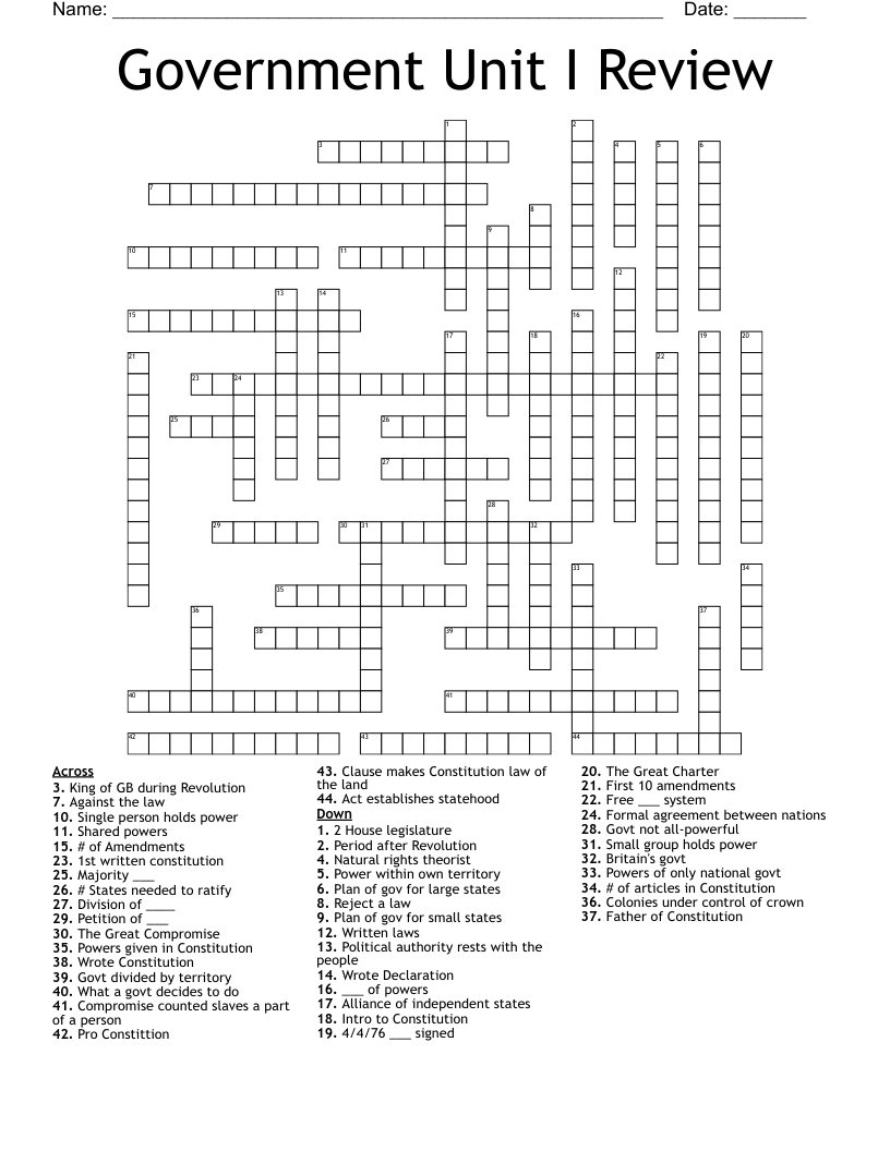 Government Unit I Review Crossword