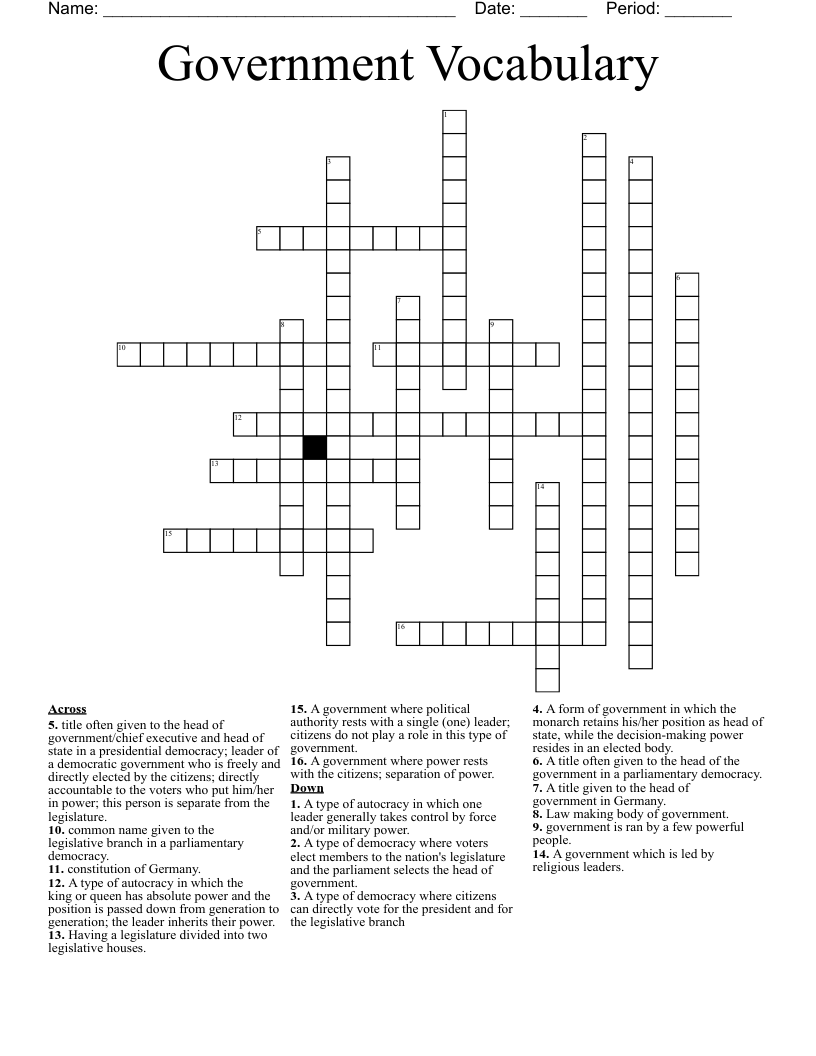 Government Vocabulary Crossword