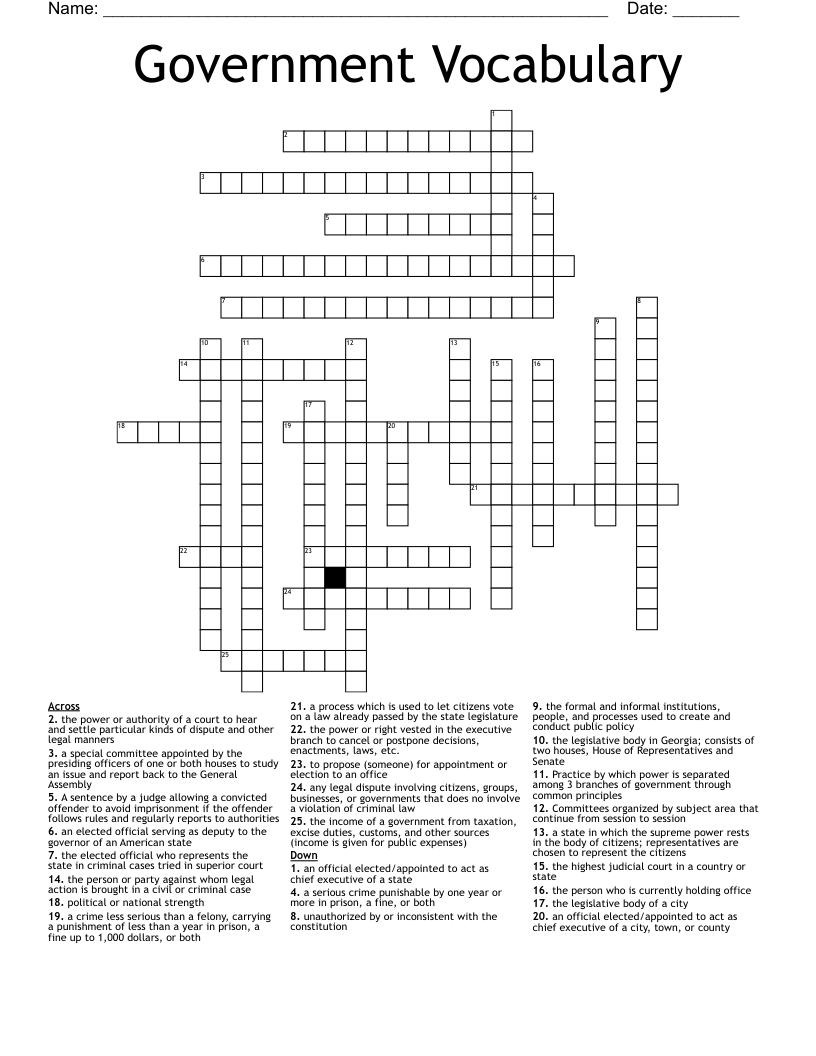 Government Vocabulary Crossword