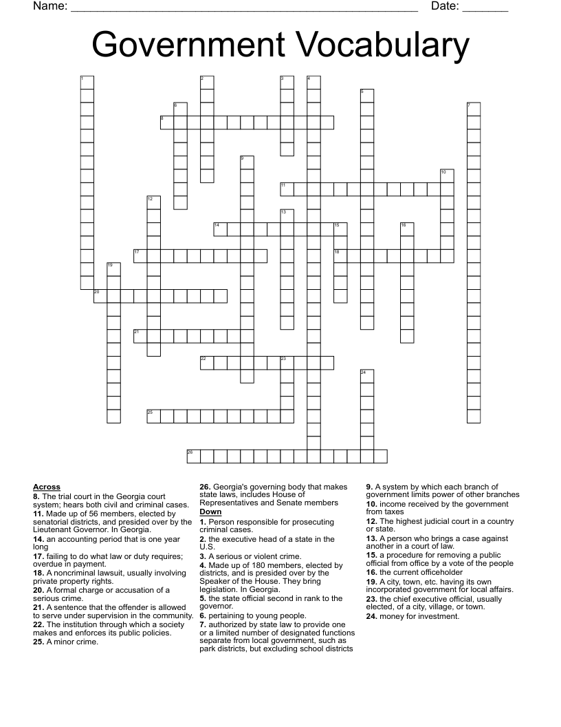Government Vocabulary Crossword