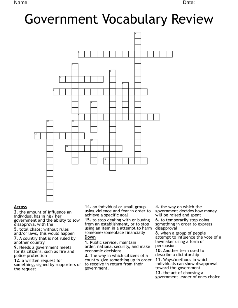 Government Vocabulary Review Crossword