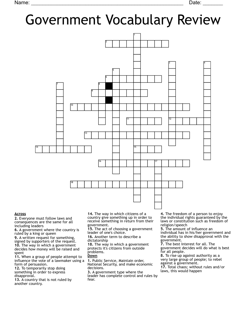 Government Vocabulary Review Crossword