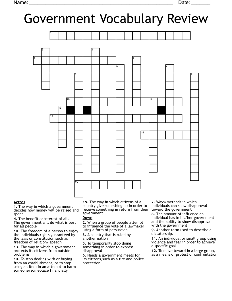 Government Vocabulary Review Crossword