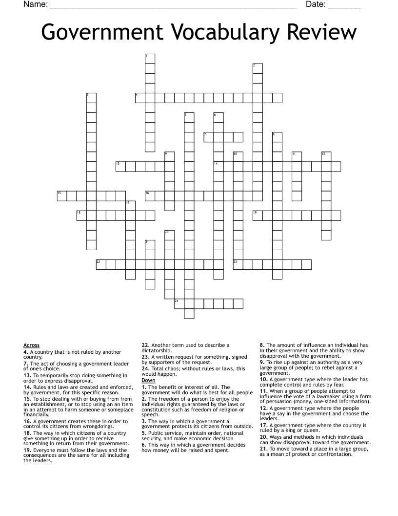 Government Vocabulary Review Crossword