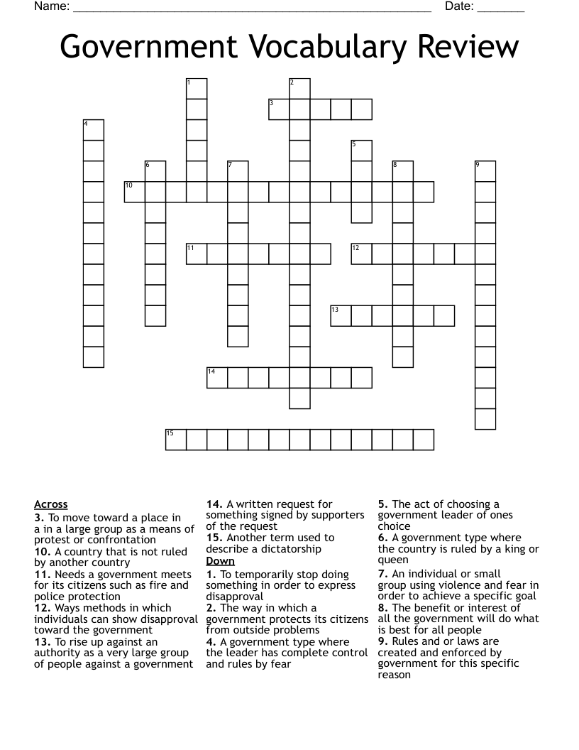 Government Vocabulary Review Crossword