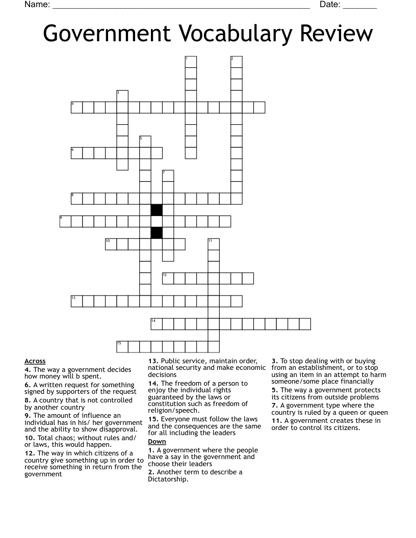 Government Vocabulary Review Crossword