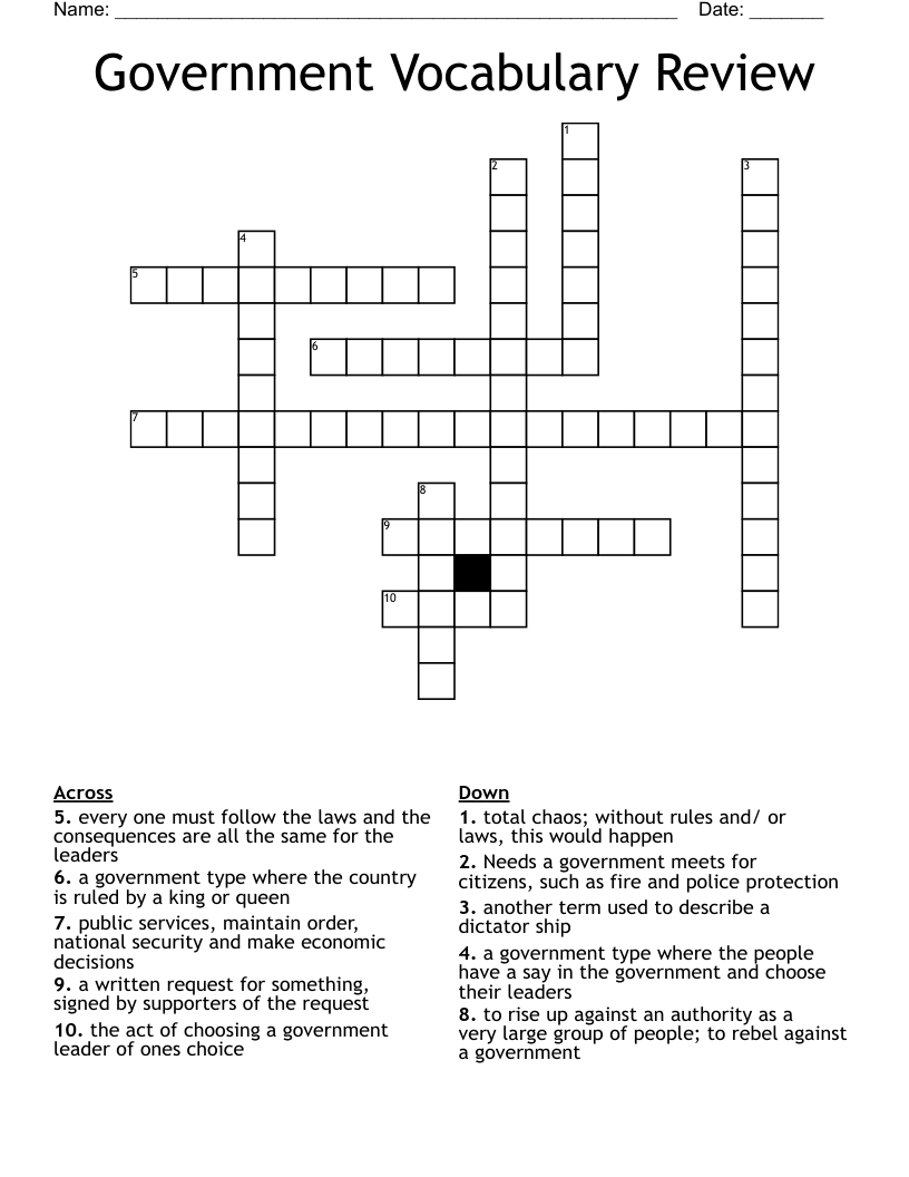 Government Vocabulary Review Crossword