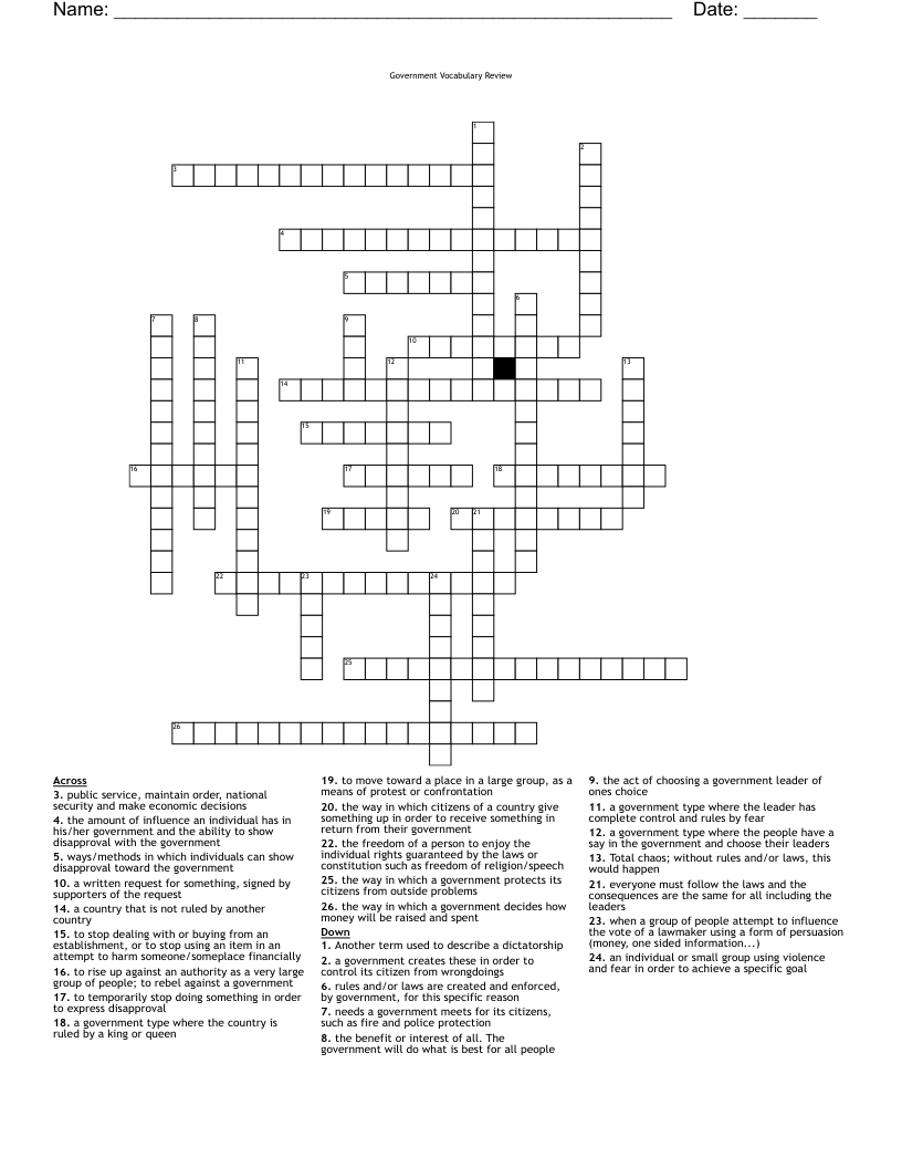 Government Vocabulary Review                                                                                                                                                                                                                                    Crossword