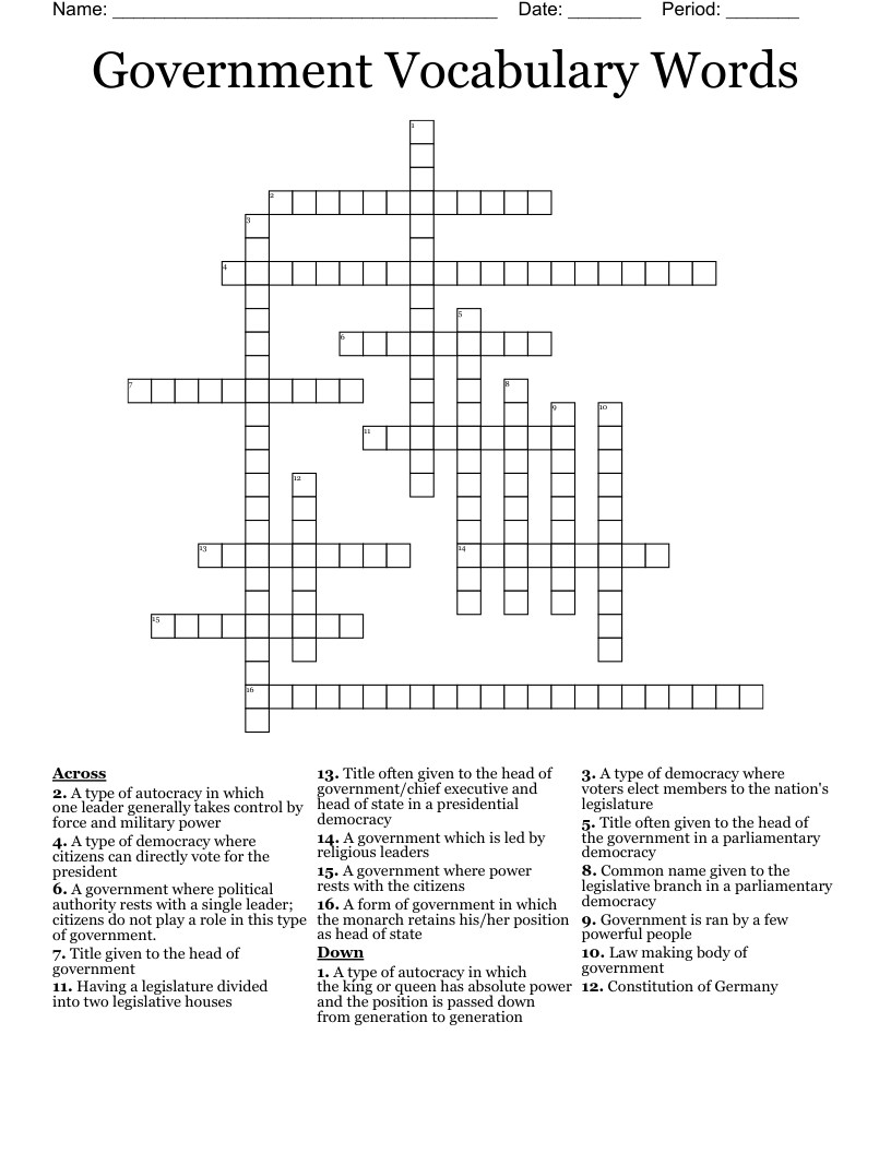 Government Vocabulary Words Crossword