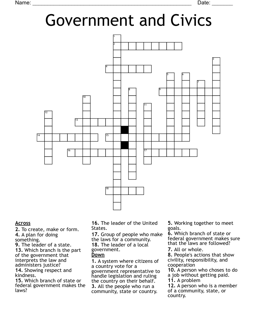Government and Civics Crossword