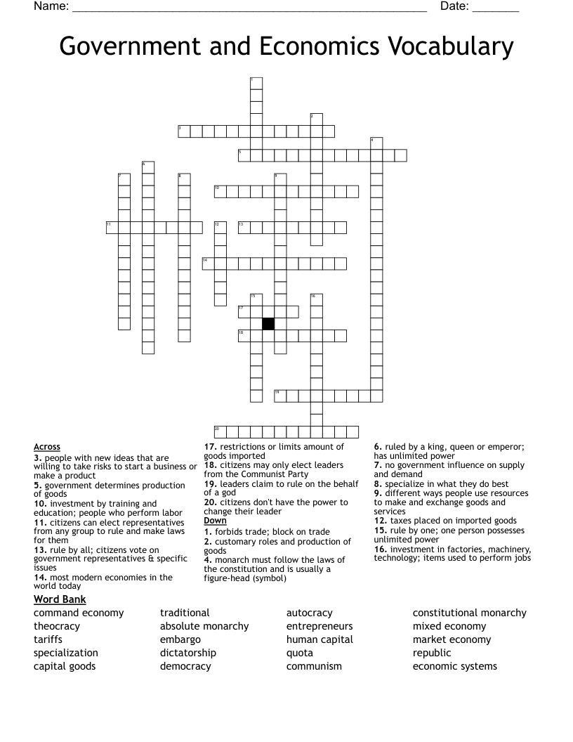 Government and Economics Vocabulary Crossword