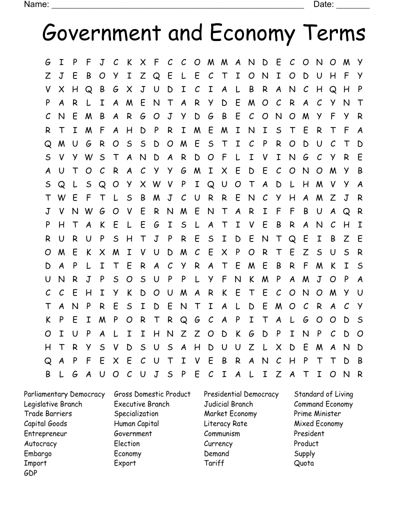 Government and Economy Terms Word Search