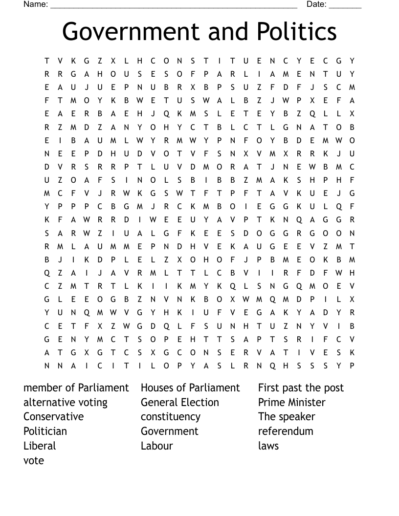 Government and Politics Word Search