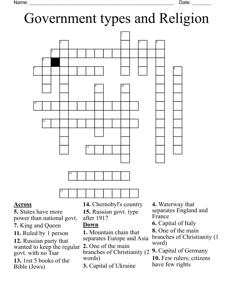 Government types and Religion Crossword