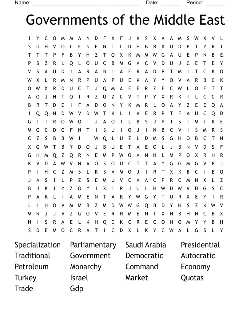 Governments of the Middle East Word Search