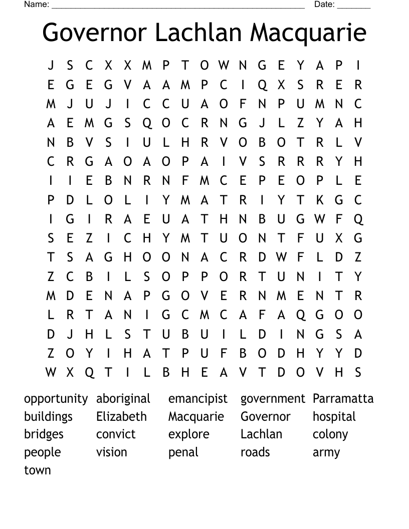 Governor Lachlan Macquarie Word Search