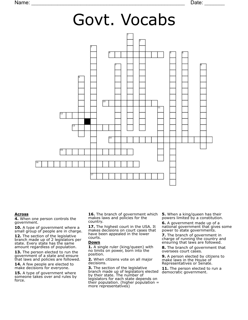 Govt. Vocabs Crossword