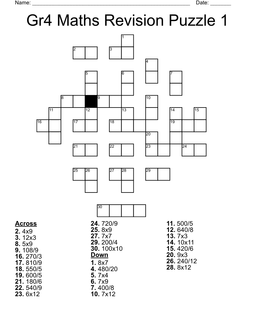 Gr4 Maths Revision Puzzle 1 Crossword