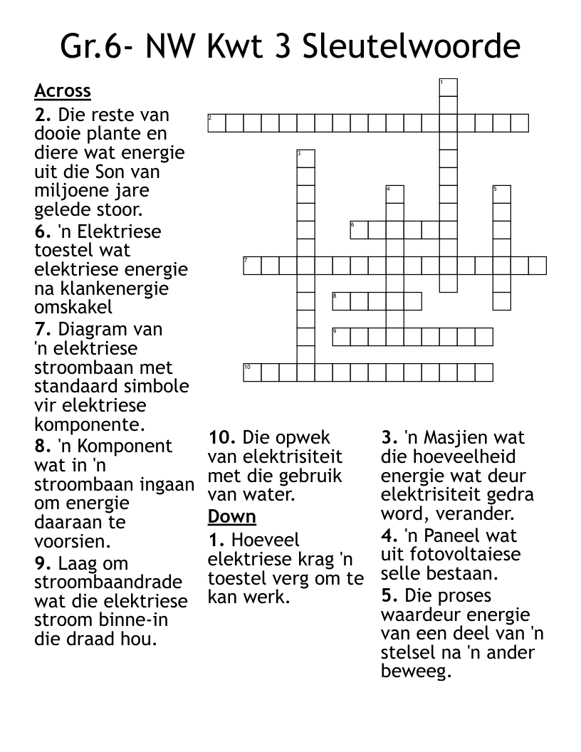 Gr.6- NW Kwt 3 Sleutelwoorde Crossword