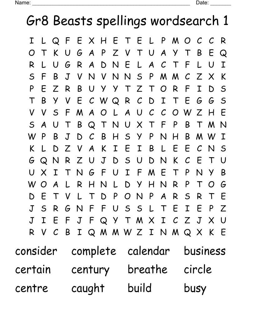 Gr8 Beasts spellings wordsearch 1