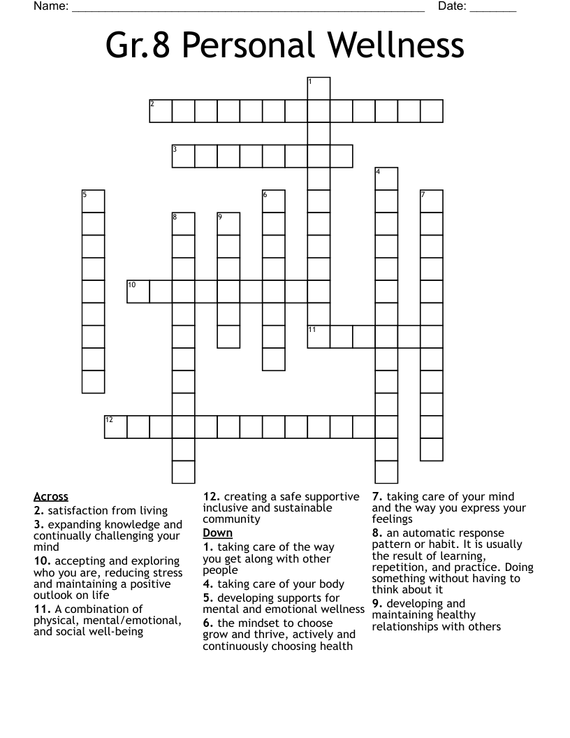 Gr.8 Personal Wellness Crossword