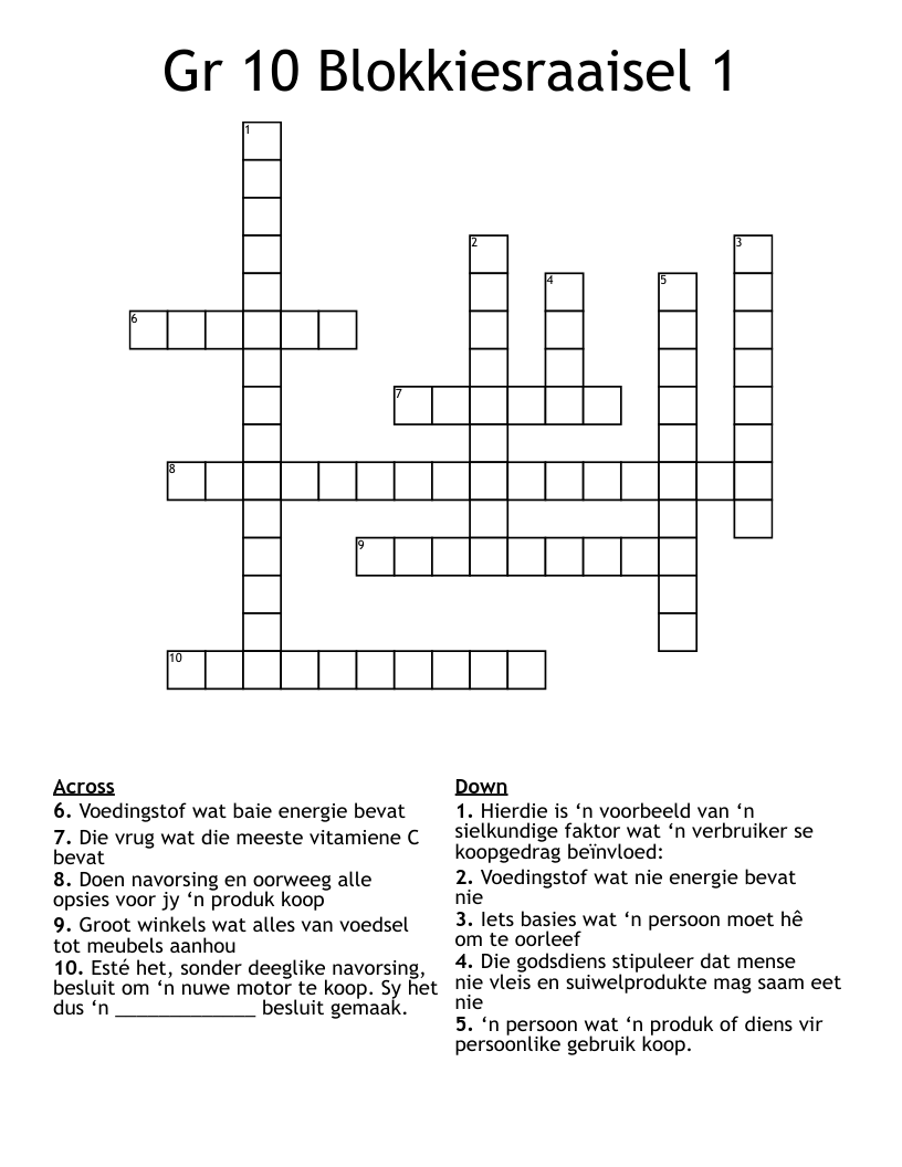 Gr 10 Blokkiesraaisel 1 Crossword