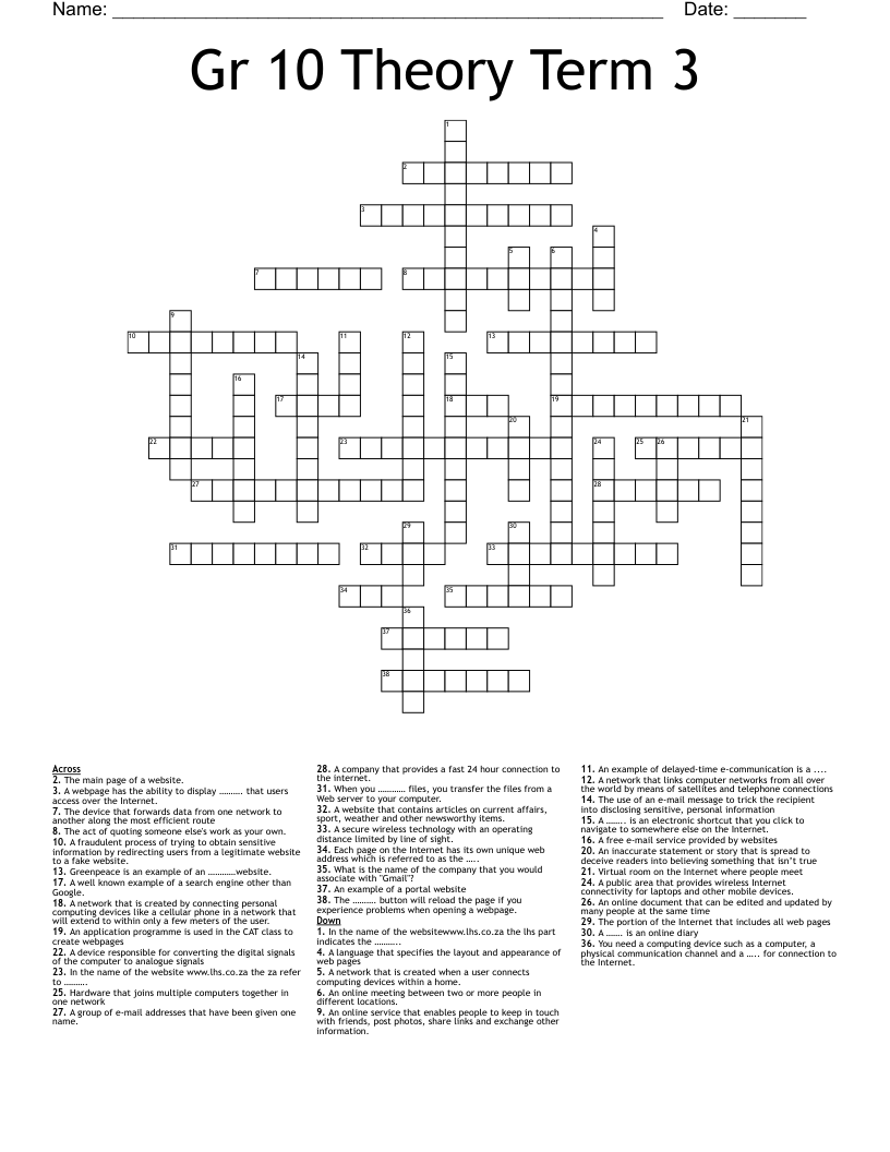 Gr 10 Theory Term 3 Crossword