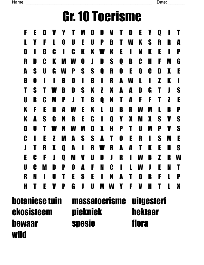 Gr. 10 Toerisme Word Search