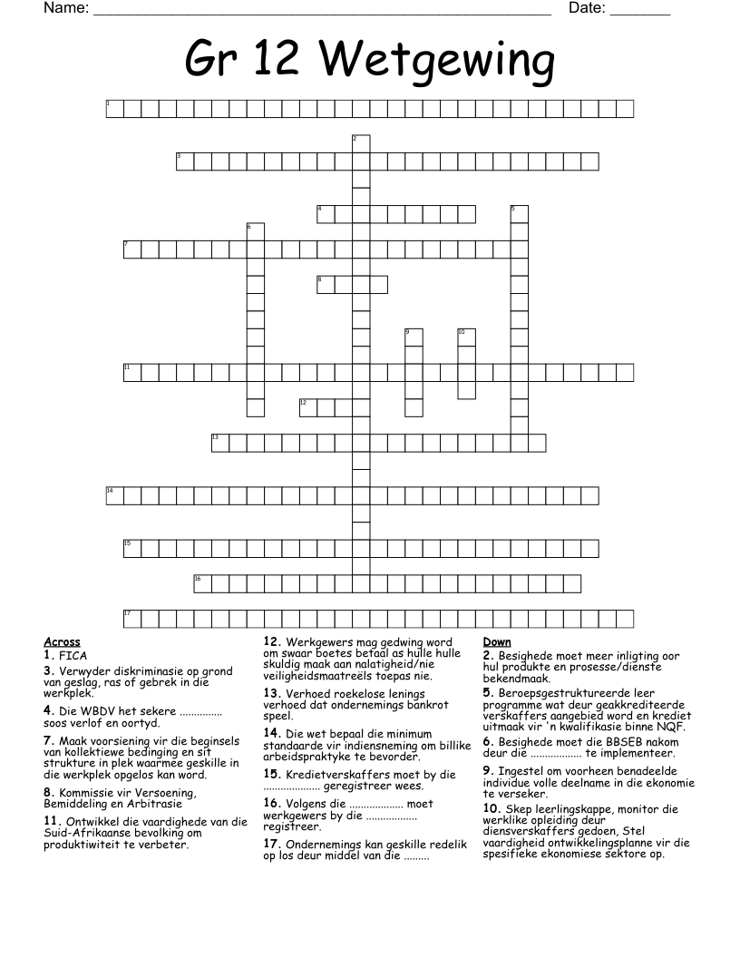 Gr 12 Wetgewing Crossword