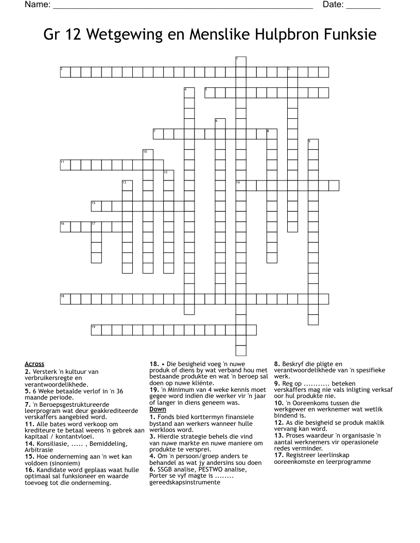 Gr 12 Wetgewing en Menslike Hulpbron Funksie Crossword