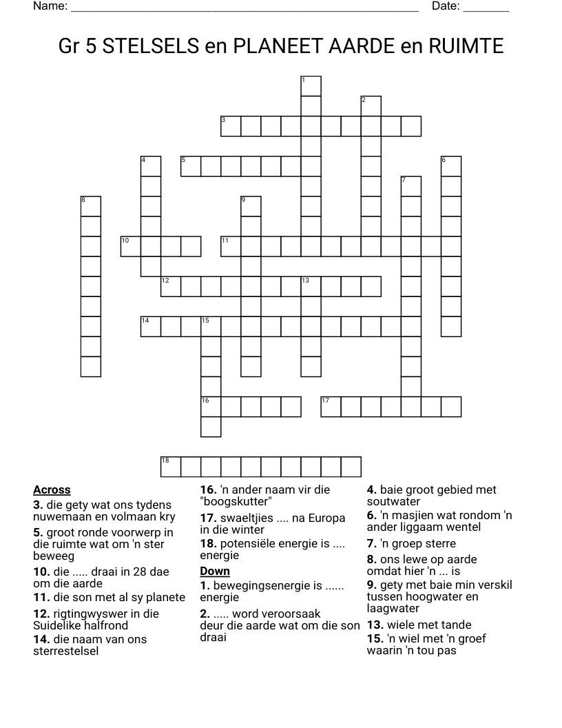 Gr 5 STELSELS en PLANEET AARDE en RUIMTE Crossword