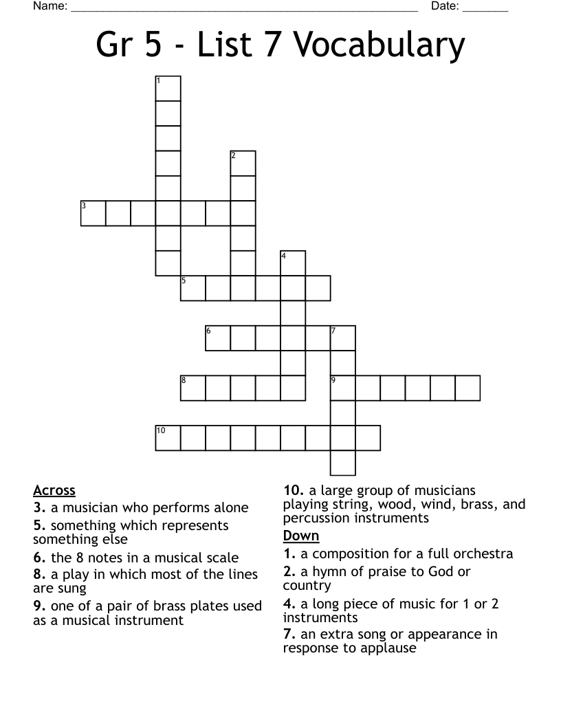 Gr 5 - List 7 Vocabulary Crossword