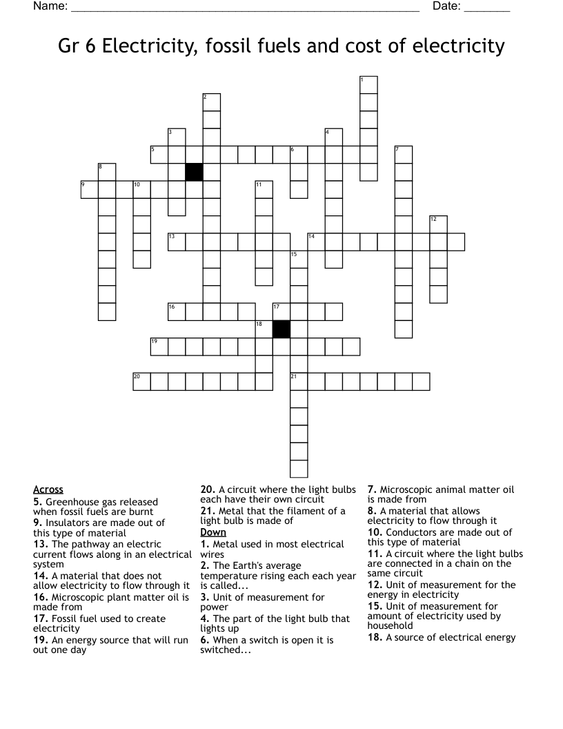 Gr 6 Electricity, fossil fuels and cost of electricity Crossword