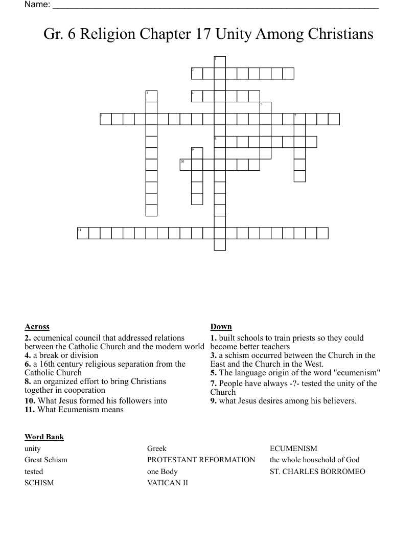 Gr. 6 Religion Chapter 17 Unity Among Christians Crossword