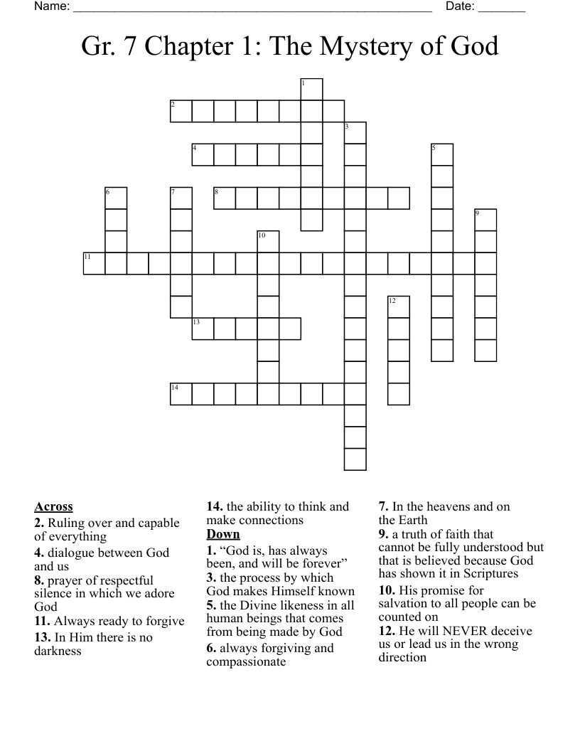 Gr. 7 Chapter 1: The Mystery of God       Crossword