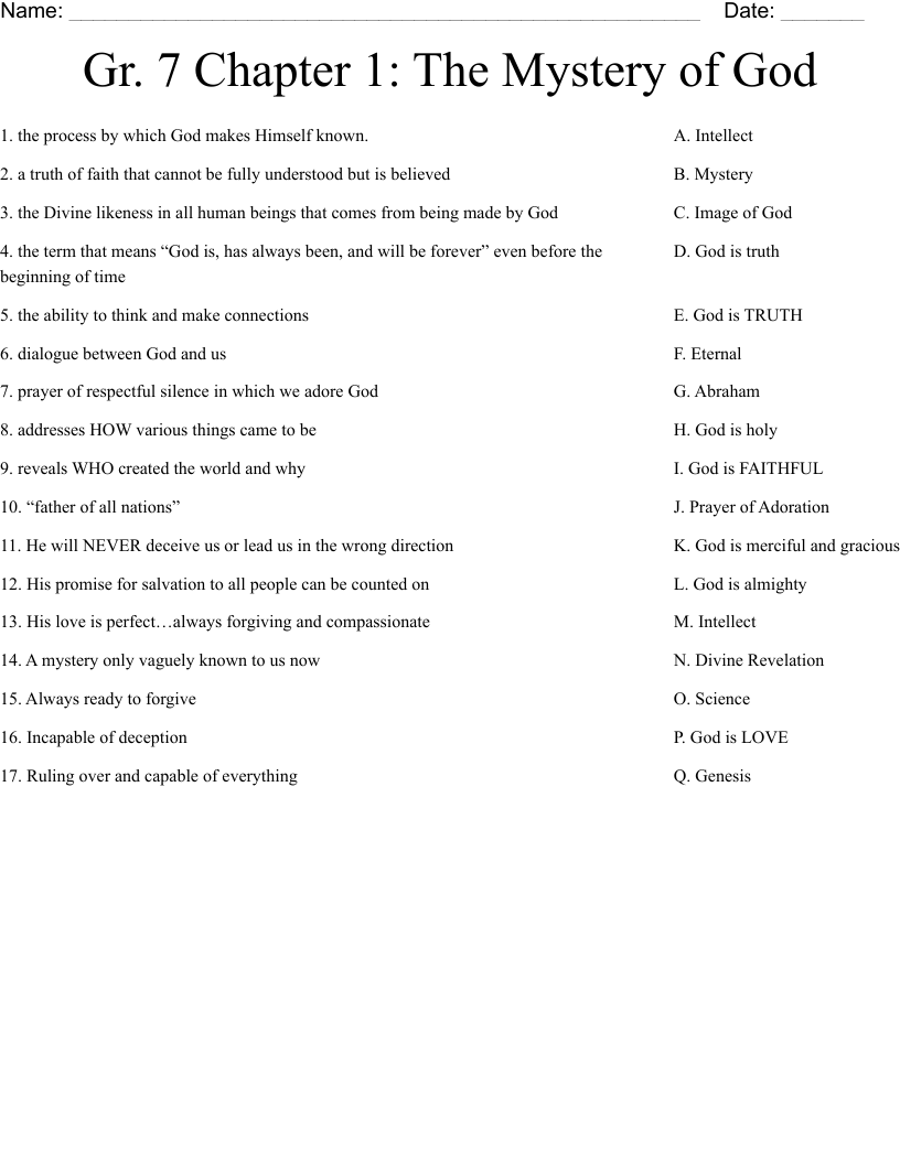 Gr. 7 Chapter 1: The Mystery of God       Worksheet
