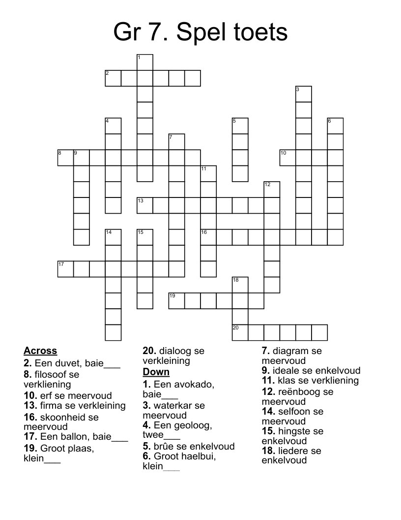 Gr 7. Spel toets Crossword