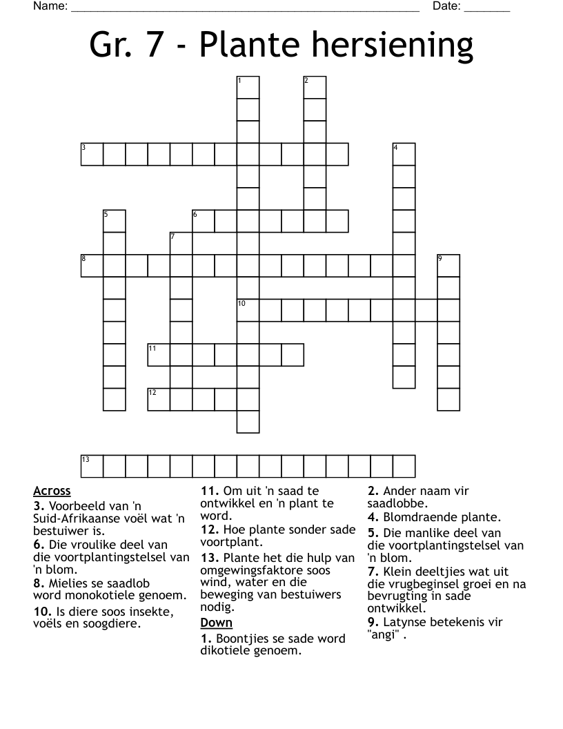 Gr. 7 - Plante hersiening Crossword
