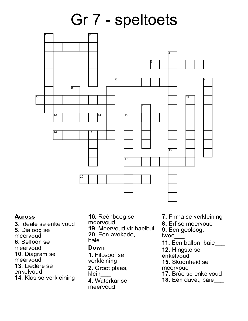 Gr 7 - speltoets  Crossword