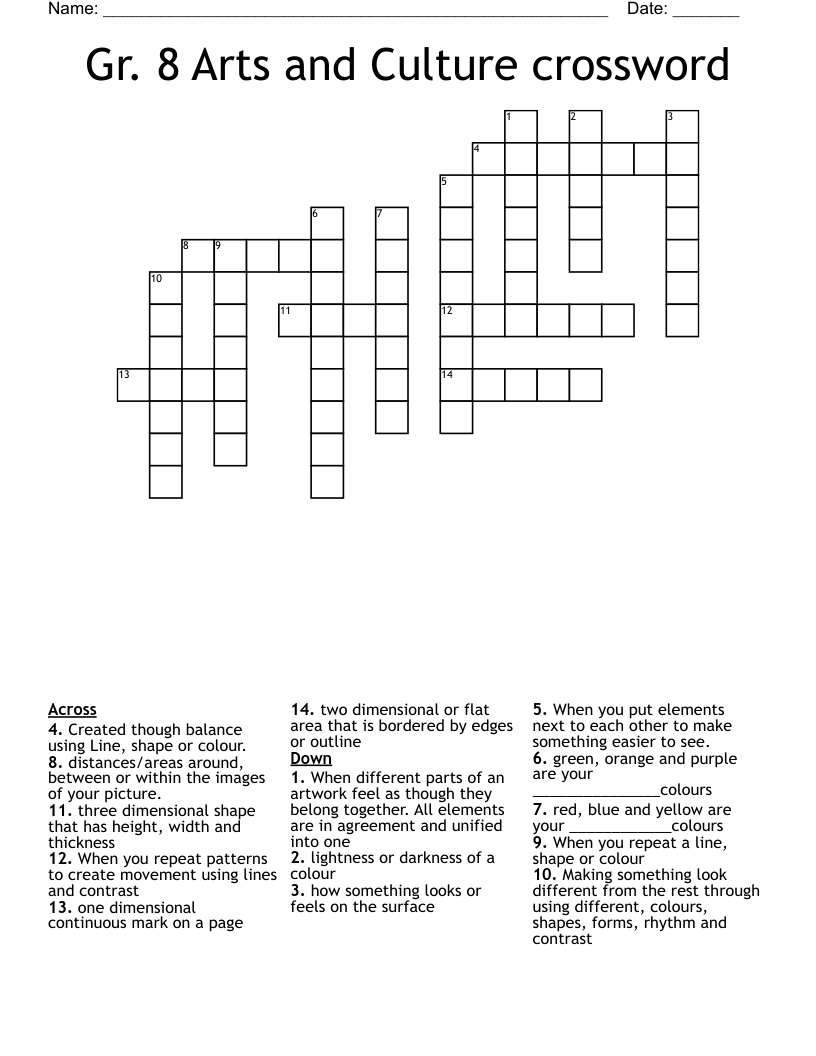 Gr. 8 Arts and Culture crossword