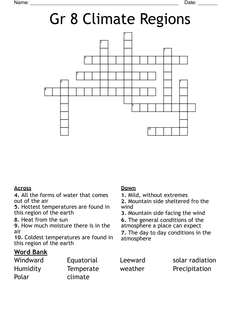 Gr 8 Climate Regions Crossword
