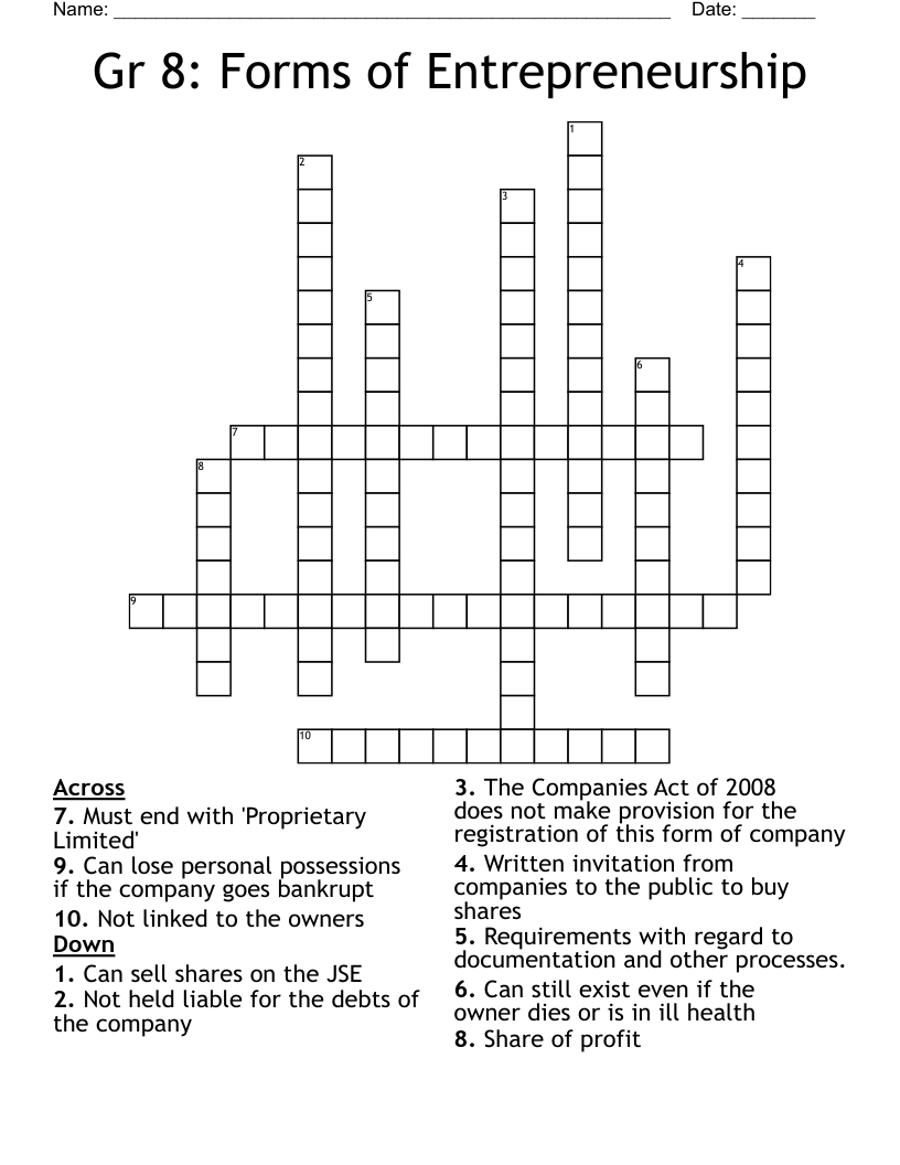 Gr 8: Forms of Entrepreneurship Crossword