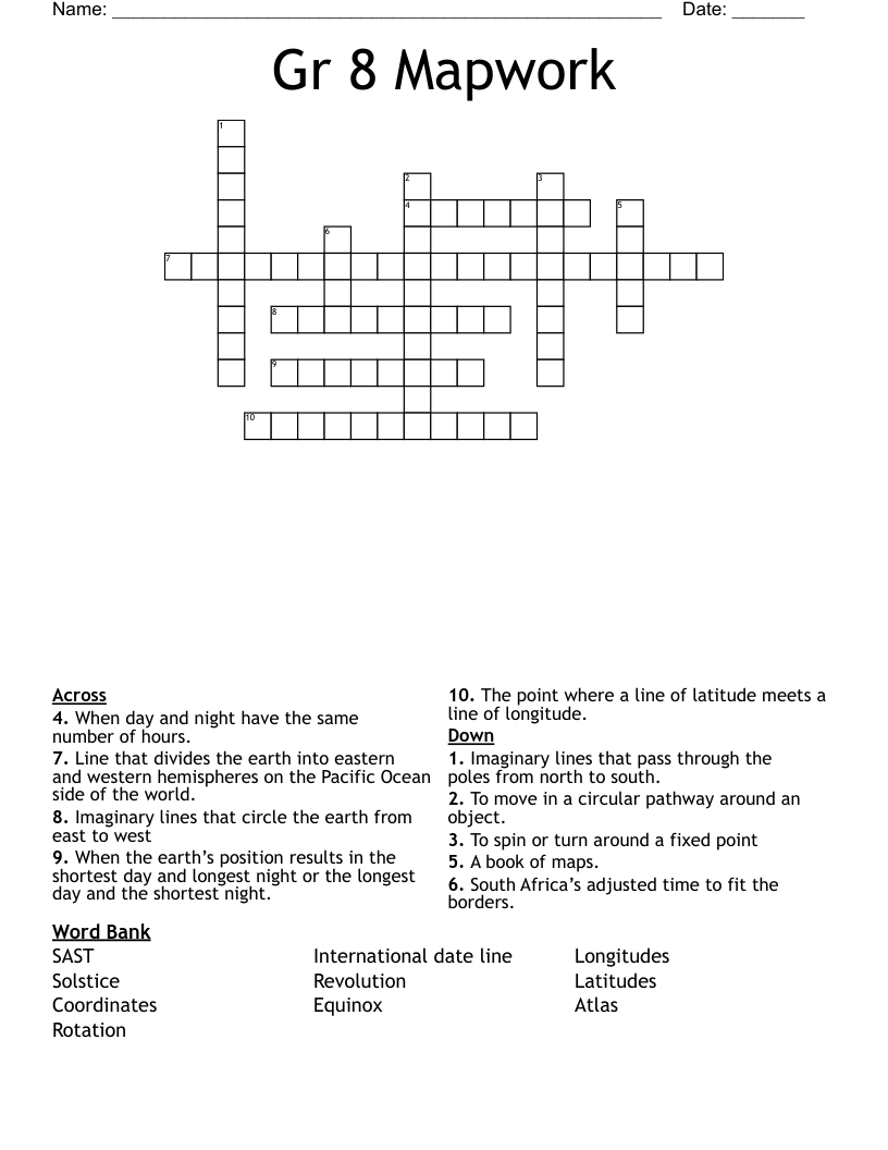 Gr 8 Mapwork Crossword