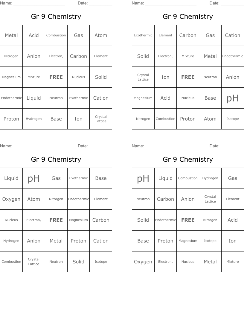 Gr 9 Chemistry Bingo Cards