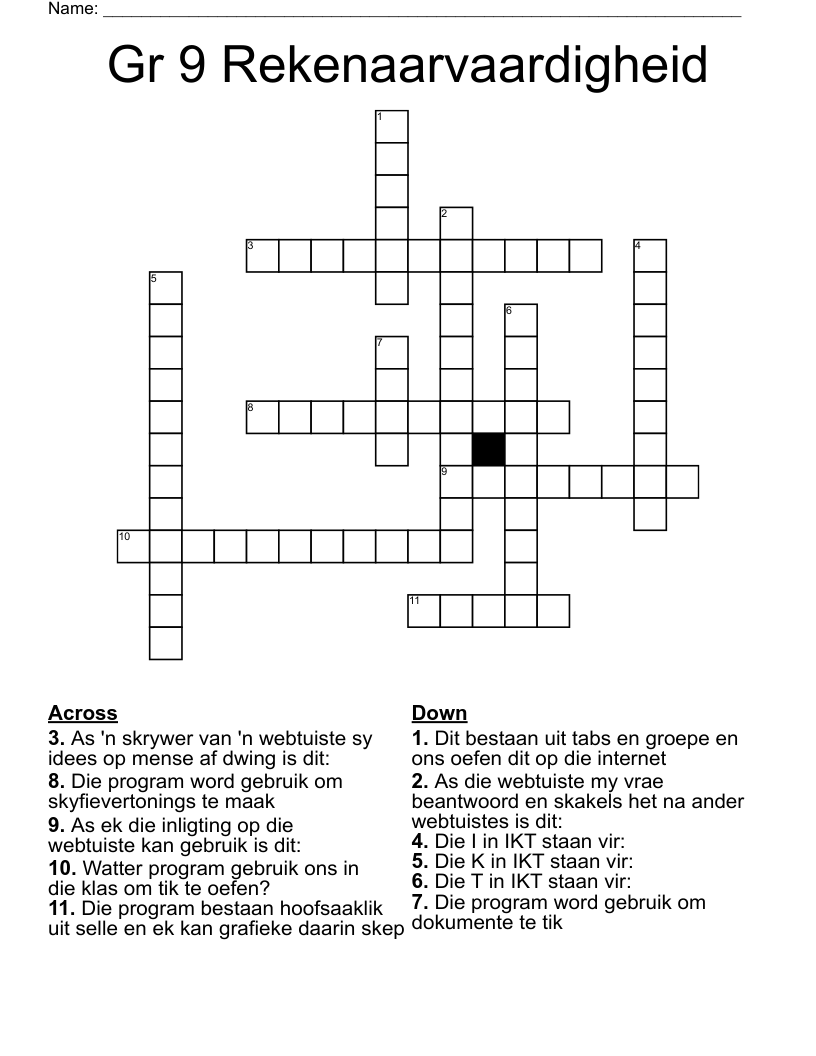 Gr 9 Rekenaarvaardigheid Crossword